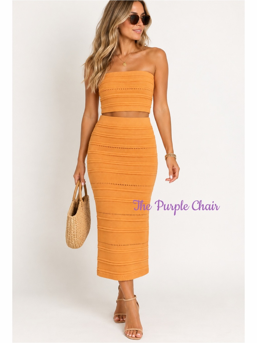 Freshman 1996 2-Piece Knit Set Orange Ribbed Crop Top & Midi Skirt NWT Sz: Small